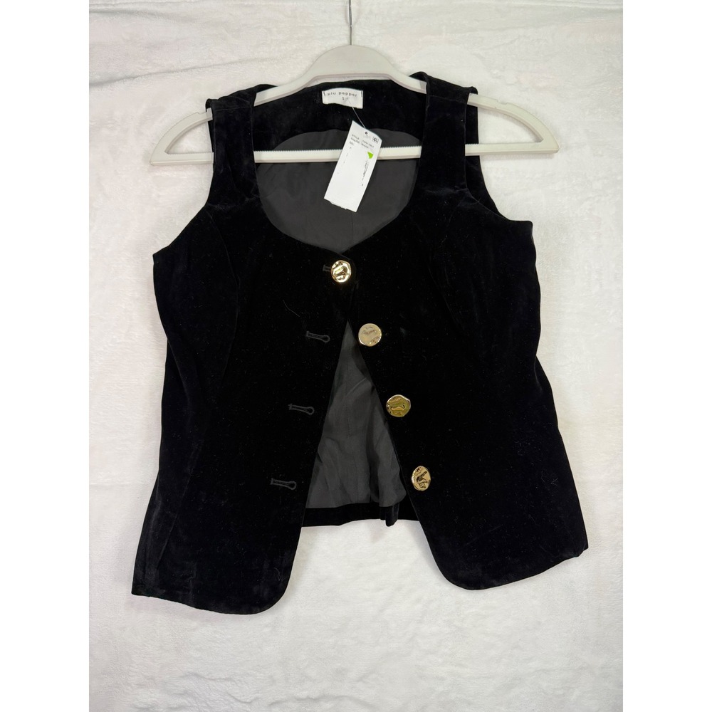 Blu Pepper Velvet Button Down Vest S Black Gold Ornate Buttons Women